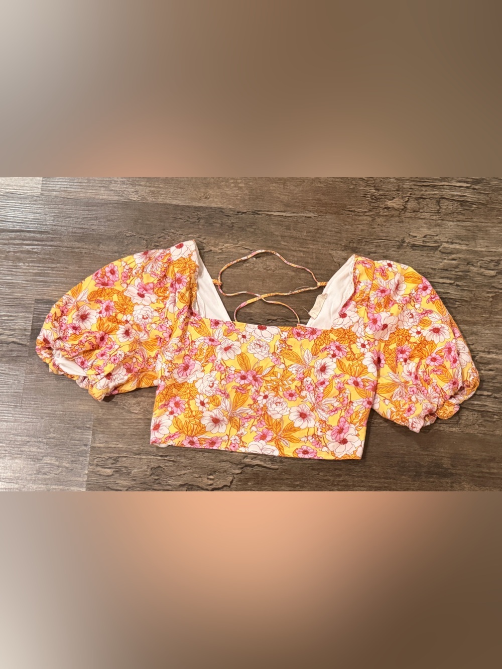 Altar’d State Yellow Floral Puff-Sleeve Crop Top